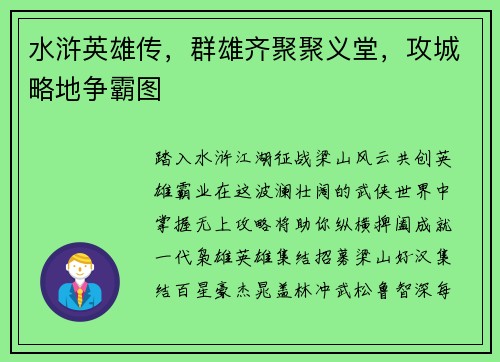 水浒英雄传，群雄齐聚聚义堂，攻城略地争霸图